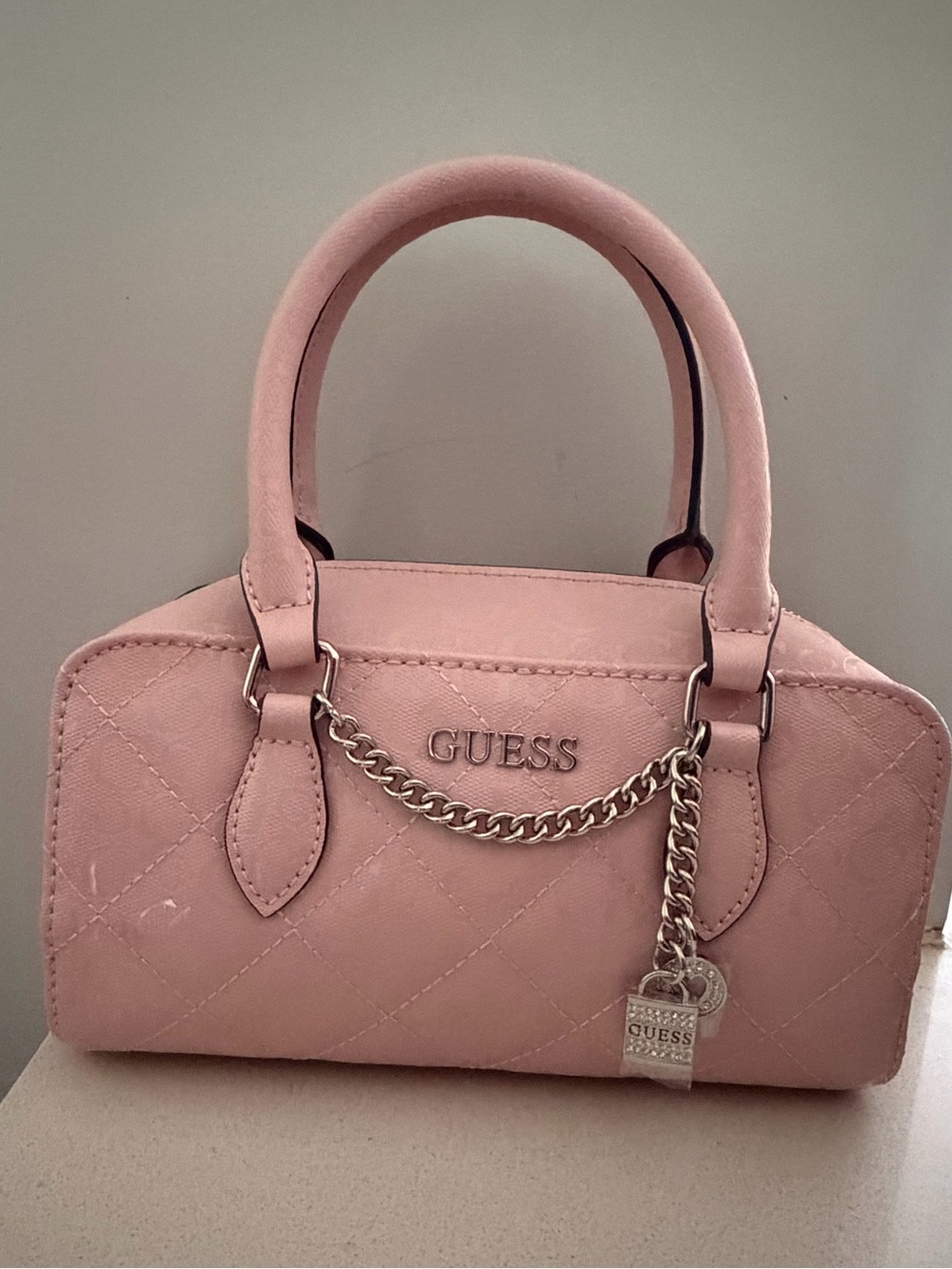 GUESS Blush Pink Quilted Satchel with Chain Charm